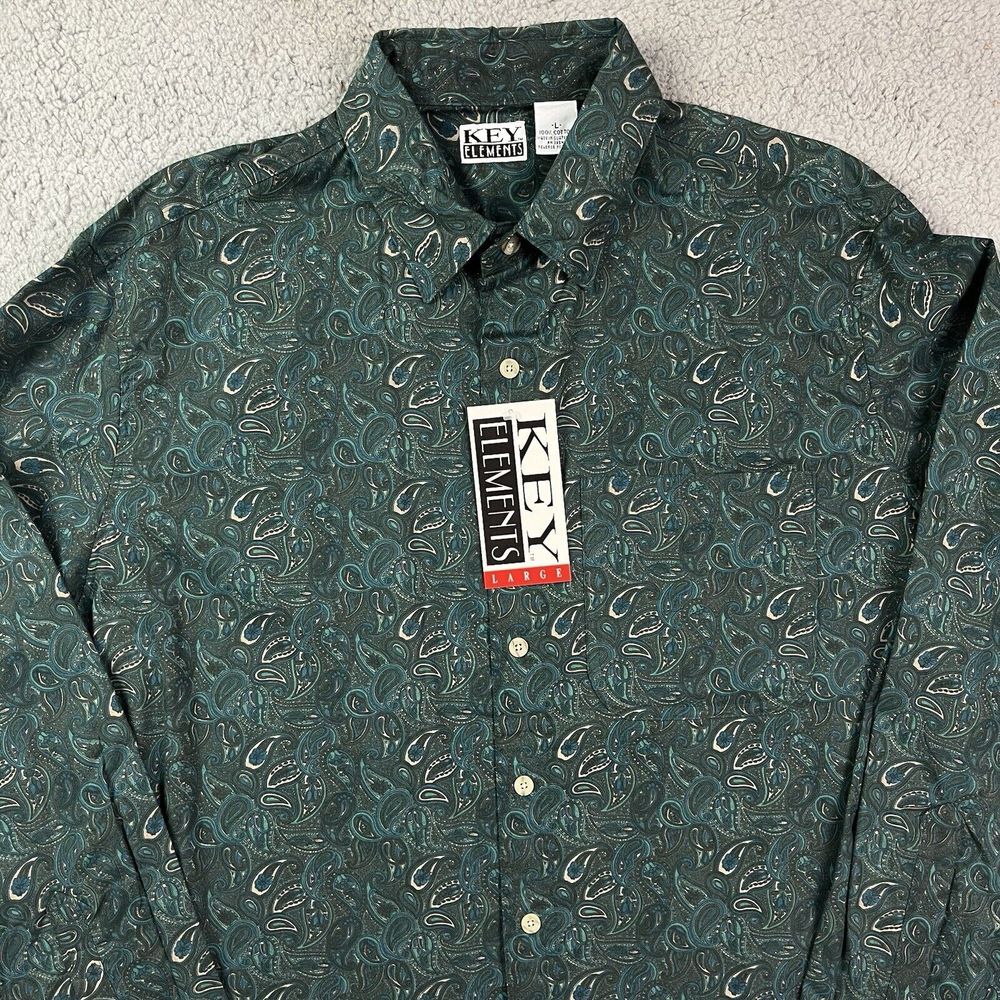 Vintage Key Elements 90's Button Shirt Green Floral Long Sleeve Sz‎ Large NOS